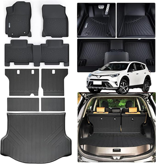 Floor Mats & Trunk Mat Backrest Mat for Toyota RAV4 2013-2017 2018（Not for Hybrid or Prime） TPE All Weather Protection 2 Rows Full Set Car Mats with Velcro Rear Seats Backrest