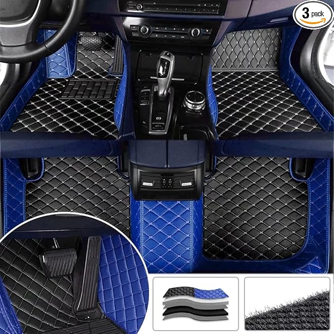 YaruicarCustom Car Floor Mats for 99.99% Sedan SUV Sports Car Men Women Protection Full Coverage Pads Anti-Slip Leather Floor Lining All Weather Car Floor Mats (Blue Black)