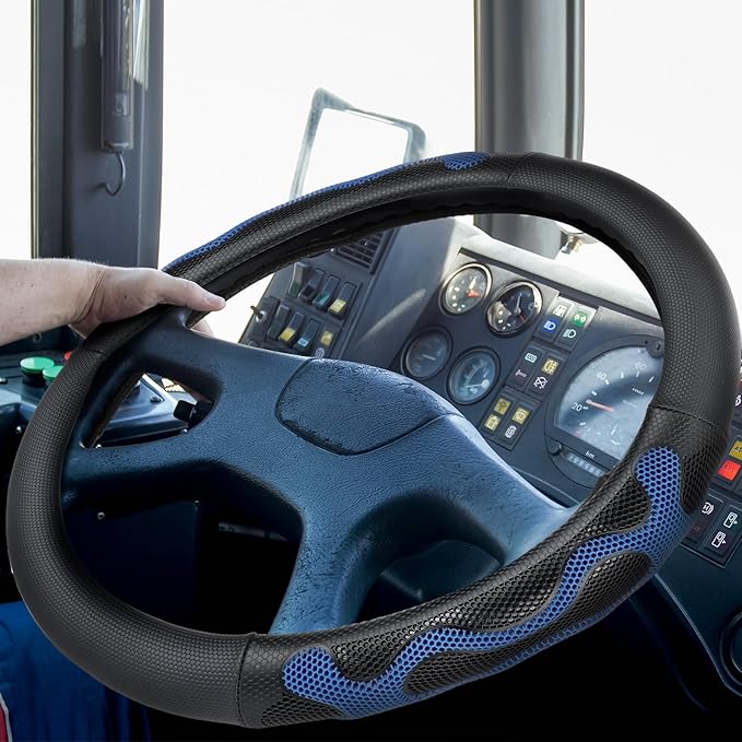 17.5-18 Inch Truck Steering Wheel Cover Wheel Semi-Truck Comfy Grip Cover with 3D Honeycomb Anti-Slip Design Car Accessory, Fits RV, Big Rig and Classic Car (Leather, Blue, Classic Style)