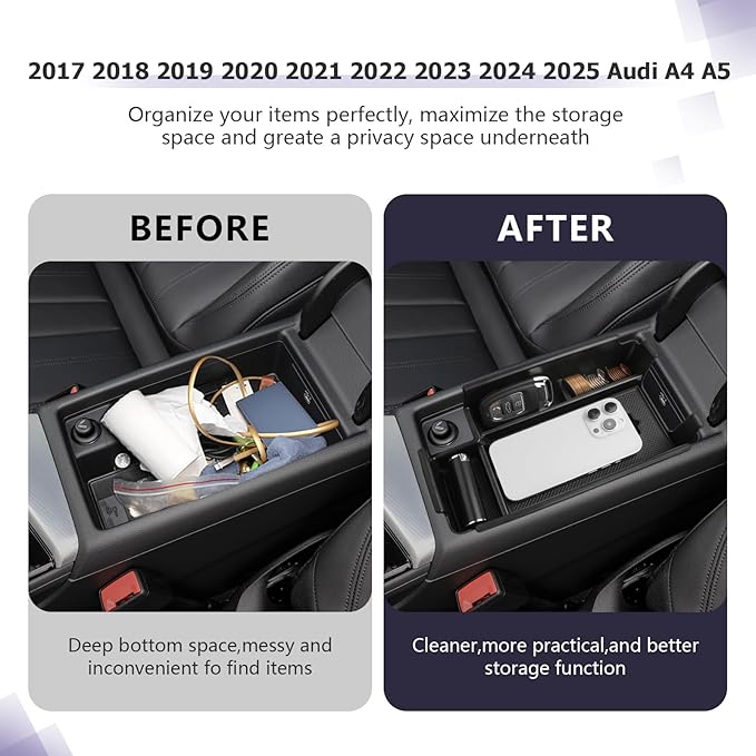 LUWU for 2017-2022 2023 2024 2025 Audi A4 Center Console Organizer 2024 2025 Audi A4 Accessories 2025 Audi A4 Armrest Console Organizer 2025 A4 Audi Armrest Organizer Insert Tray (Black)