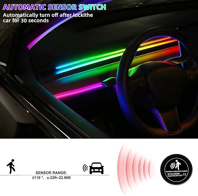 Acrylic Interior Car LED Strip Light with 30S Motion Sensor Switch&USB Hub, Dreamcolor 55.1 inches Ambient Lighting Kits, RGB Colors Neon LED Strip Light