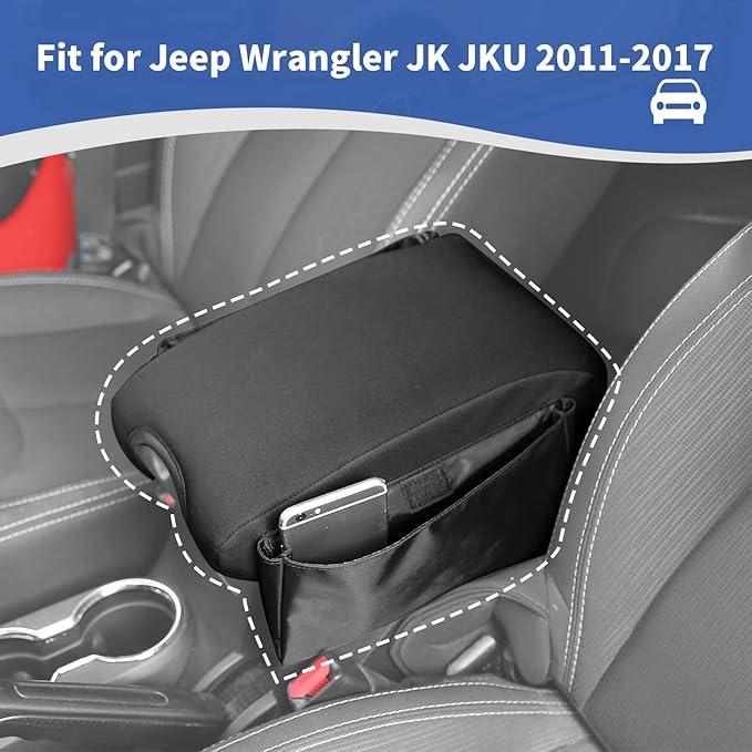 RT-TCZ for Jeep JK Center Console Armrest Pad Cover with Storage Bag for Jeep Wrangler JK JKU 2011-2017 Black Neoprene