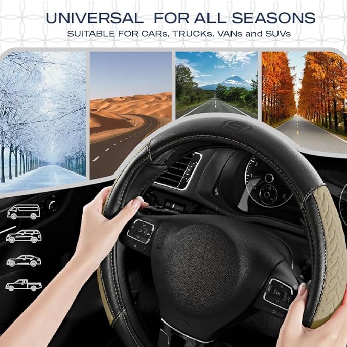 Skechers Steering Wheel Cover,Max Cushioning Leather Steering Wheel Cover Universal Fit 14" 1/2-15" Car Wheel Protector for Men Women Fit Suvs,Vans,Sedans,Car,Trucks,Beige