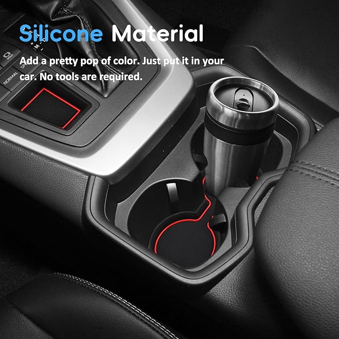 Auovo 3D Cup Holder Insert Liners Compatible with Toyota RAV4 Accessories 2025 2024 2023 2022 2021 2020 2019 Car Custom Cup Holder Mats Pads 4-pc Set (Red Trim)