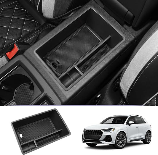 LUWU for 2019 2020 2021 2022 2023 2024 Audi Q3 Center Console Organizer 2024 2025 Audi Q3 Accessories 2024 2025 Audi Q3 F3 Armrest Console Organizer 2025 Q3 Audi Armrest Organizer Insert Tray (Black)
