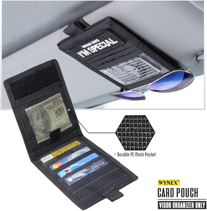WYNEX Car Visor Organizer with Detachable Card Pouch | Auto Sun Visor Storage Molle Panel with Elastic Webbing Slots for Glasses & Tactical Gear | Fit Most Vehicle, SUVs & Trucks