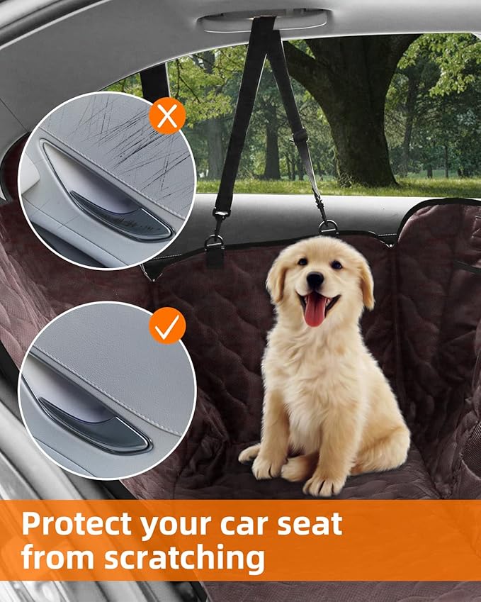 PETICON Dog Car Seat Cover with Mesh Window, 100% Waterproof Pet Seat Cover for Back Seat, Scratchproof Dog Hammock for Cars, Trucks, SUVs, Jeeps, Brown