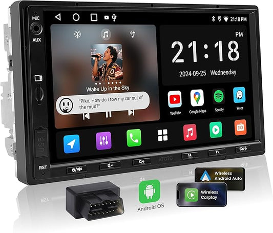 A5L 7inch Android Double DIN Car Stereo with OBD2 Scanner, Wireless CarPlay & Android Auto, 24 Band EQ, DSP, WiFi/BT/USB Tethering, 2G+32G Touchscreen Radio, AI Chat, MirrorLink, GPS/FM/AM