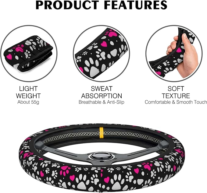 Animal Paw Print Steering Wheel Cover, Elastic Non-Slip Steering Wheel Protector,Auto Interior Decor for Women Girls,Universal 15" Fit for Sedans,Trucks