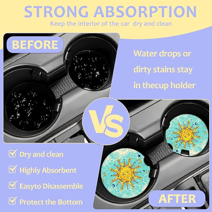 2 Pack Car Cup Holder Coaster-Boho Sun Moon Absorbent Ceramic Coaster, Car Coasters for Cup Holders,Auto Accessories for Women & Men