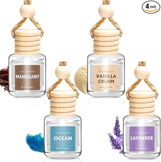 AROIC 4 Pack Car Air Freshener Hanging, Wooden Lid Essential Oil Air Freshener Hanging Car Diffuser, Natural Slow-Release Aroma for Auto Interior, Long-Lasting Fragrance Alternative to Spray Perfumes