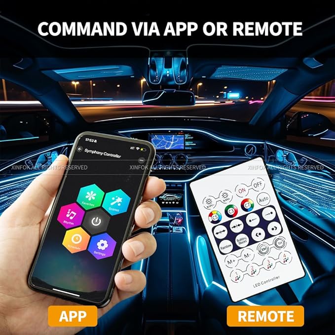 Acrylic Ambient Lighting Car Interior, 10 in 1 Dream Color Acrylic Led Strips Fiber Optic Lights Kit with APP USB Hub,Flexible Dynamic Neon Music Sync Emotion Glow Footwell Lighting for Car