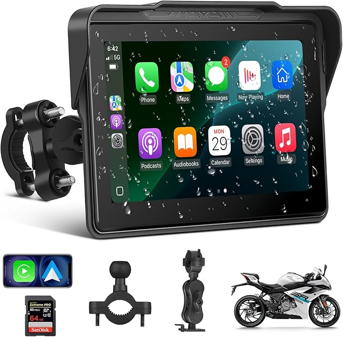 Motorcycle CarPlay Screen 7", Waterproof GPS Display for Motorbike, Wireless CarPlay & Android Auto para Moto, Dual Bluetooth, Touchscreen, Music Sharing Siri (7" Wireless CarPlay)