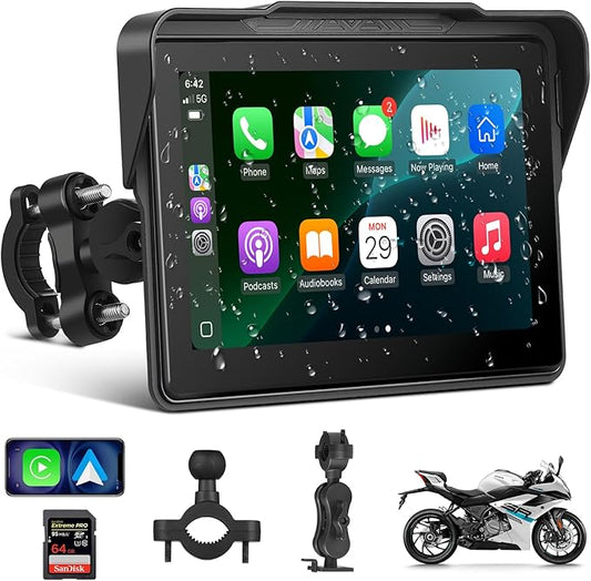 Motorcycle CarPlay Screen 7", Waterproof GPS Display for Motorbike, Wireless CarPlay & Android Auto para Moto, Dual Bluetooth, Touchscreen, Music Sharing Siri (7" Wireless CarPlay)