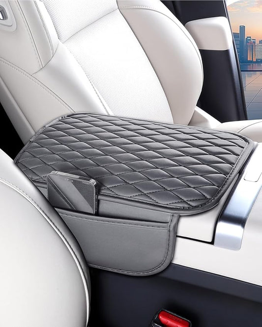 ESKONKE [Upgraded] Car Center Console Cover with 2 Storage Bags - Premium Nappa Leather Armrest Cover, Scratch & Wear Resistant, Waterproof Car Interior Accessories (Classic - Grey)