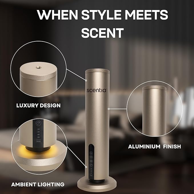 Scentia Max Diffuser for Home – Waterless Scent Diffuser with Wireless Control & Programmable Settings | Covers 1500 Sq Ft | Cold-Air Technology | Gold | Hotel Oils Included