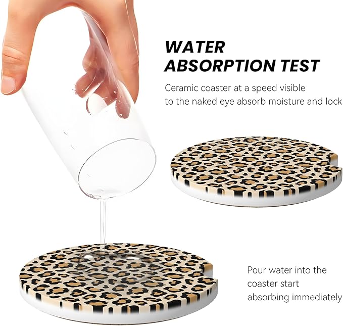 Absorbent Car Coasters for Cup Holders, 2 Pack Universal Anti Slip Ceramic Cup Coaster for Women Men 2.56 Inch Car Interior Accessories - Vintage Brown Leopard 002