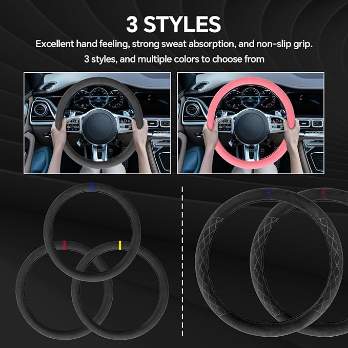 Alcantara Sports Steering Wheel Cover 14.5" to 15" Fit - Anti-Slip Comfort Grip, Durable Soft Suede-Feel Luxury Material for Men Drivers | Fits Sports Cars, Luxury Cars, Sedans, SUVs and EV
