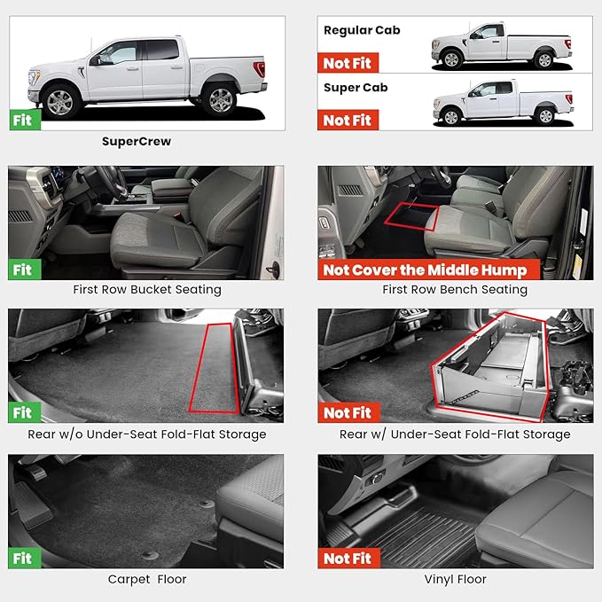 LASFIT Floor Mats for Ford F-150 2015-2026 | F150 Lightning 2022-2025 SuperCrew (Rear w/o Fold Flat Storage) Carpet Floor All Weather Protector TPE Truck Liners- 1st & 2nd Row, 3pcs Black