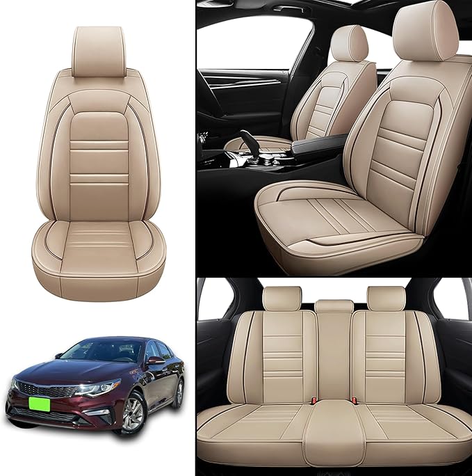 Seat Covers for kia Optima 2003-2020 | 5-Seats Leather Seat Covers, Easy to Install Automotive Seat Covers Full Set (Full Set, Beige)