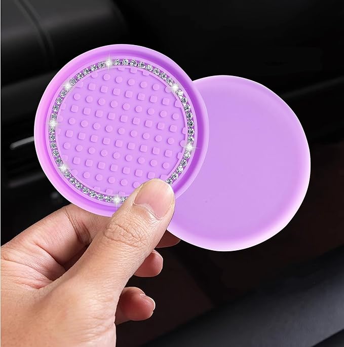 Amooca Car Cup Coaster 4 Pack Universal Non-Slip Cup Holders Insert Coasters Bling Crystal Rhinestone Car Interior Accessories Purple Dots