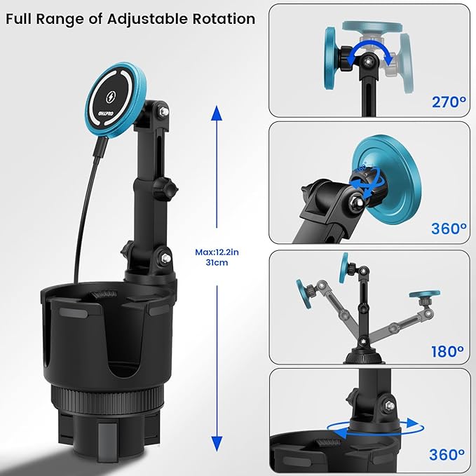 OHLPRO for MagSafe Car Charger Cup Holder Mount, 15W Fast Wireless Magnetic Charging Phone Holder for iPhone 16 15 14 13 12 Series, Adjustable Car Mount with Large Cup Base, One-Hand Operation