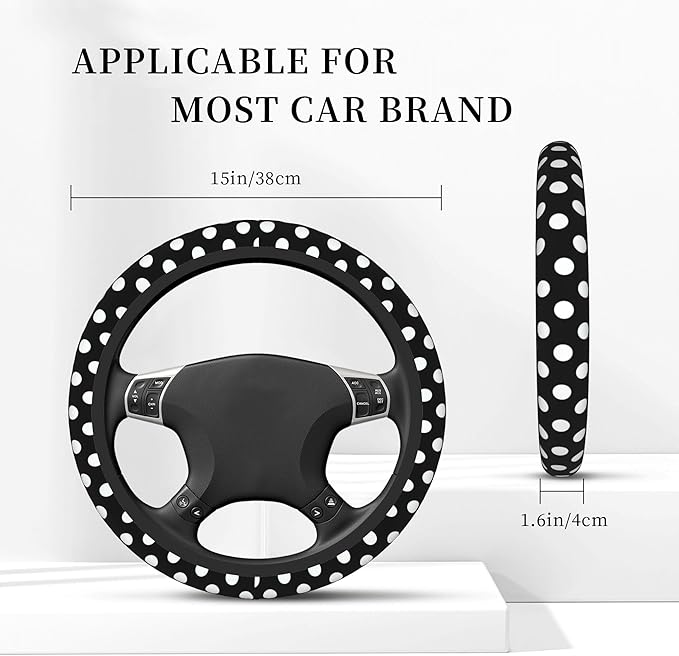 White Polka Dots Steering Wheel Covers Universal 15 Inch Car Wheel Cover,Anti-Slip Breathable Car Accessories Protector Fit for Trucks,Sedans,SUVs,Vans