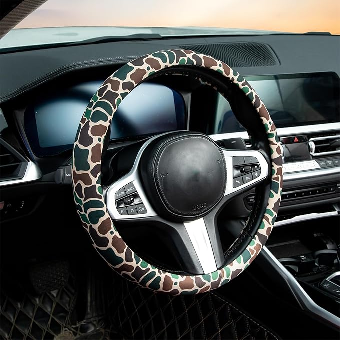 Army Camo Steering Wheel Cover Auto Steering Wheel Protector, Anti-Slip, Breathable, Absorbing Sweat, Universal Camo Car Accessories 14.5–15 inch,Fit for Most Car, Trucks, SUV