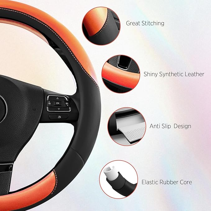 Road Comforts Steering Wheel Cover – Breathable Leather Steering Wheel Cover, Anti-Slip Grip, Universal Fit 14.5” to 15”, Heat & Cold Resistant for Cars, SUVs, and Trucks – Black & Shining Orange