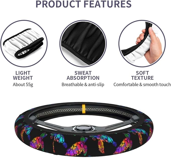 Sea Turtle Steering Wheel Cover with 2 Car Coasters Non Slip Neoprene for Women Men Universal 15 Inch