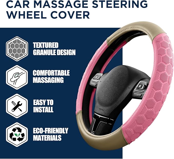 PIC AUTO Massage Steering Wheel Cover, Pink Football Pattern Material Spliced & Beige Leather Car Steering Wheel Cover, Car Steering Cover, Universal Fit 14.5"-15.5" for Cars, Trucks, Van, SUVs