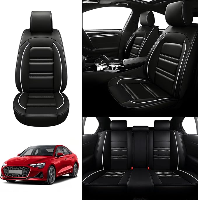 Seat Covers for Audi a3 2006-2025 | 5-Seats Leather Seat Covers, Easy to Install Automotive Seat Covers Full Set (Full Set, Black&White Line)