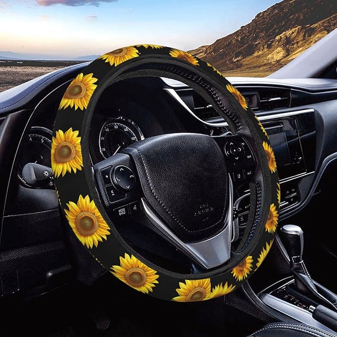 Golden Sunflower Black Steering Wheel Covers Anti-Slip Elasticity Car Accessories Steering Wheel Protector Universal 15 Inch for Cars SUV Vehicle Truck