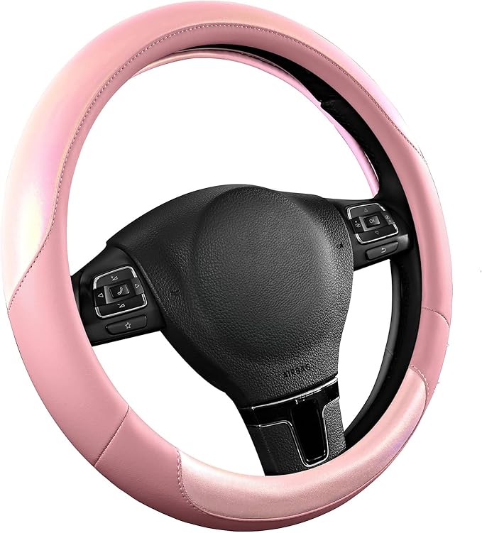 Road Comforts Steering Wheel Cover – Breathable Leather Steering Wheel Cover, Anti-Slip Grip, Universal Fit 14.5” to 15”, Heat & Cold Resistant for Cars, SUVs, and Trucks – Shining Pink & Pink
