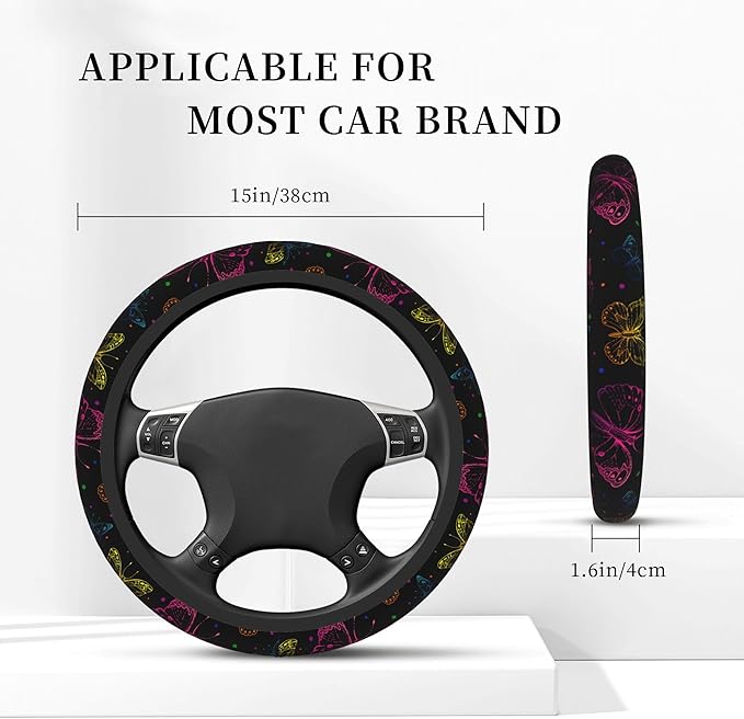 Abstract Neon Colorful Butterfly Steering Wheel Cover, Elastic Non-Slip Steering Wheel Protector,Auto Interior Decor for Women Girls,Universal 15" Fit for Sedans,Trucks