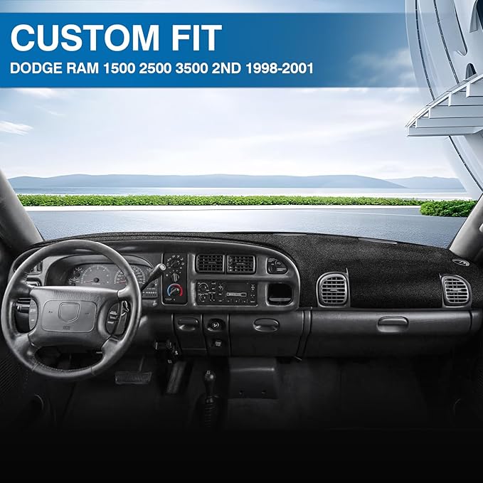 KUST Car Dash Cover for Dodge Ram 1500 2500 3500 1998 1999 2000 2001 Polyester Dashboard Cover Non-Slip Center Console Dash Cover Interior Accessories for Ram Pickup Sunshade No Glare Black