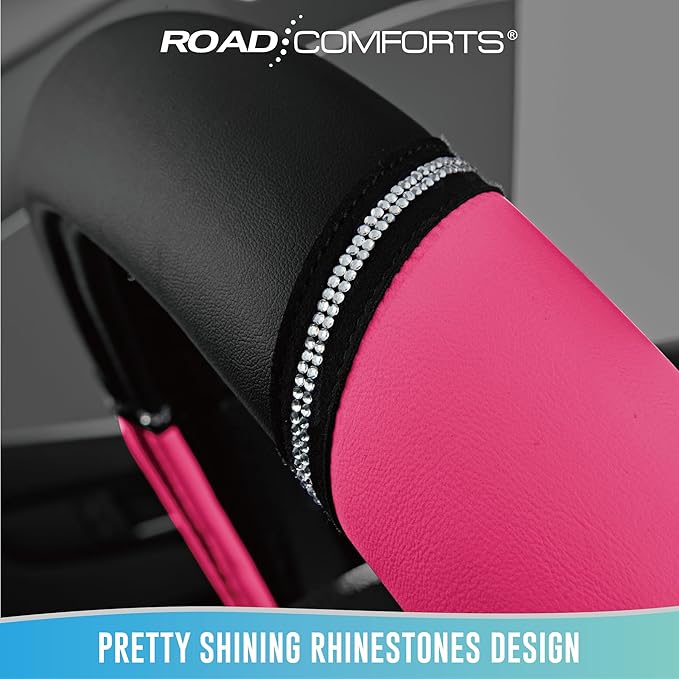 Road Comforts Leather Steering Wheel Cover - Made with PVC Leather - Anti-Slip, Universal Fit 14 1/2 inches to 15 inches - Hot Pink