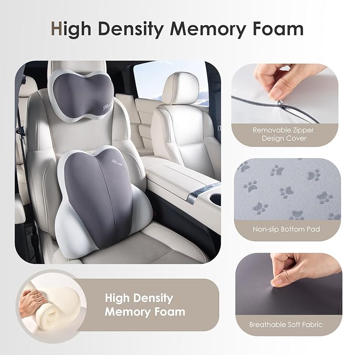 FLORICH Lumbar Support with Car headrest Back Pillow for Chairs Headrest Pillow for Car Ergonomic Ultrathick Memory Foam Back Pillow for Office Chair (Beige Grey)