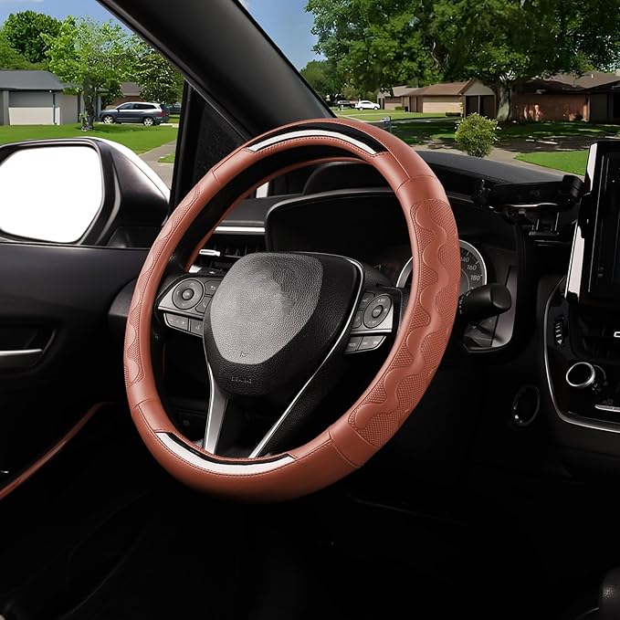 SEG Direct Car Steering Wheel Cover Medium Size 14 1/2"-15" Embossed Microfiber Leather with Carbon Fiber Pattern Brown
