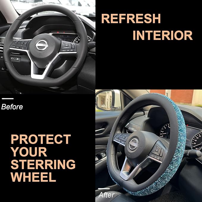 PINCTROT D Shaped Chenille Leather Steering Wheel Cover, Soft Mottled Colors, Sweat-Proof, Non-Slip Grip, All-Season Comfort, Flat Bottom 14.5-15 Inch(Mottled Blue)