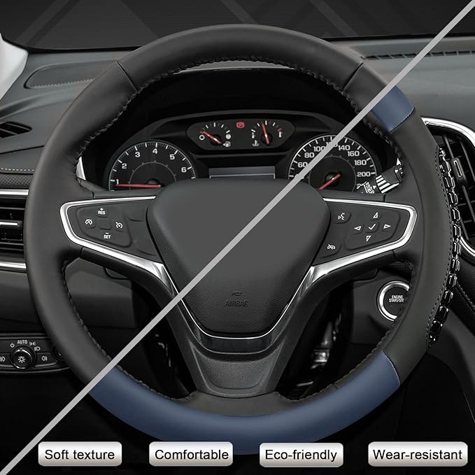 West Llama Nappa Leather Car Steering Wheel Cover Gel Massage,Cool in Summer,Universal 15 inch(Blue+Black-Standard Size)