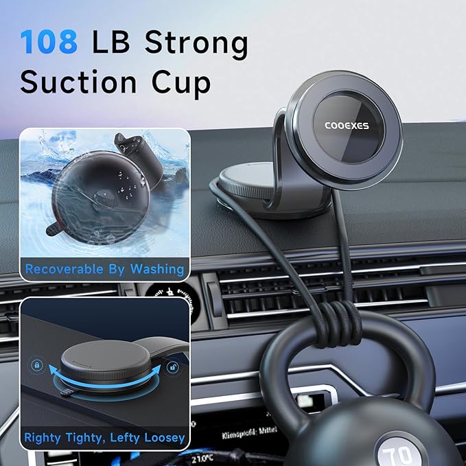 for MagSafe Phone Holder for Car, Magnetic Car Mount with 360°Rotation Vacuum Suction Cup Car Mount for Car - 108LBS,Memory Alloy Bendable Arm, Car Accessories for iPhone 17/16/15