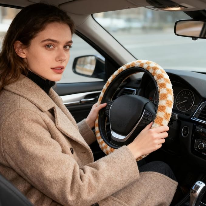 Yellow and White Checkered Fuzzy Steering Wheel Cover for Women, Universal Auto Steering Wheel 14-15 Inch Soft Warm Car Interior Accessories with 2PCS Car Coasters, Suitable for Men and Women