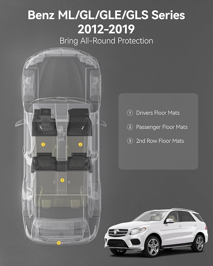 3W Floor Mats Fit for Benz GLE 2016-2019, TPE All Weather Custom Fit Floor Liner for Benz GLE 350/400/43 AMG/450 AMG/550e/63 AMG/63 AMG S, Car Mats Easy Clean