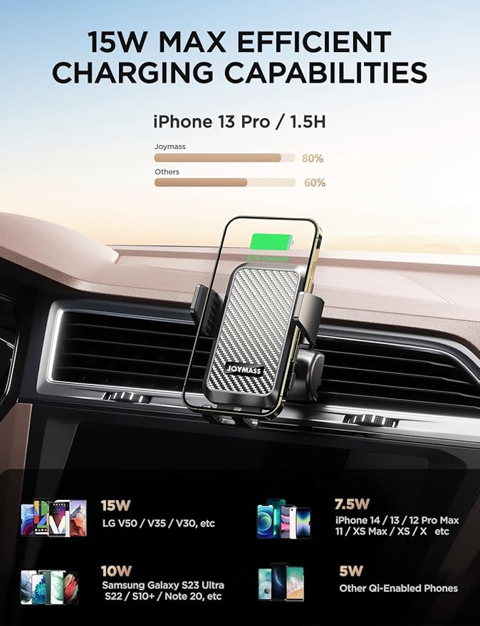 Wireless Car Charger, 15W Fast Charging Auto Clamping Car Charger Cell Phone Holder Mount Vent for iPhone 15 14 13 12 Mini Pro Max 11 XR XS X, Samsung Galaxy S23 Ultra S22 S21+ Note 20, etc