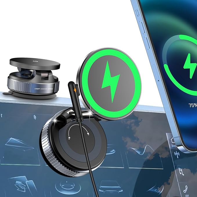 15W Fast Charging Magnetic Car Phone Holder [New Elastic Vacuum Suction Cup] 360° Adjustable Wireless Charger Car Mount for MagSafe iPhone 17 Pro Max 17 Pro 16 15 14 13 12
