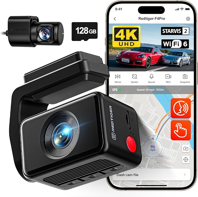 REDTIGER F4 Pro 4K Dash Cam Front and Rear, STARVIS 2 Sensor, 128GB Card Included, Built-in 5.8GHz WiFi6, 2.2inch Touch Screen Dash Camera for Cars, Voice Control, 24H Parking Mode