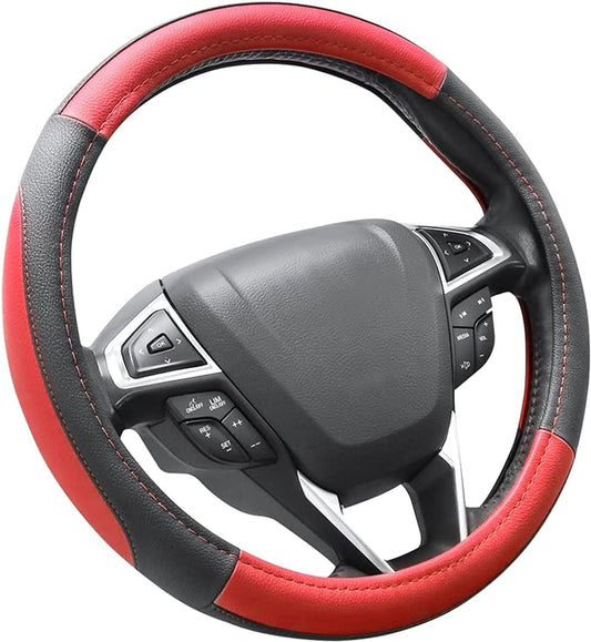 SEG Direct Car Steering Wheel Cover for F-150 Tundra Range Rover 15.5-16 inch, Black and Red Microfiber Leather