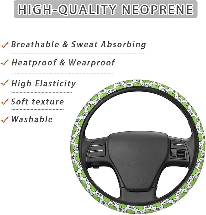 Dujiea Green Fruit with Leaves Elastic Stretch Steering Wheel Cover, Anti-Slip and Durable Car Steering Wheel Accessories for Women Men, 15 Inch Universal Fit Car, Truck, SUV