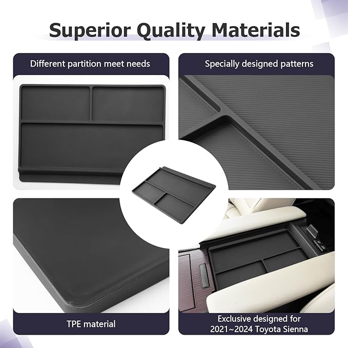 LUWU Center Console Organizer Tray Compatible with 2021 2022 2023 2024 2025 2026 Toyota Sienna Accessories Armrest Storage Pad Anti-Slip Armrest Lid for 2025 2026 Sienna Accessories(Not for Cool Box)